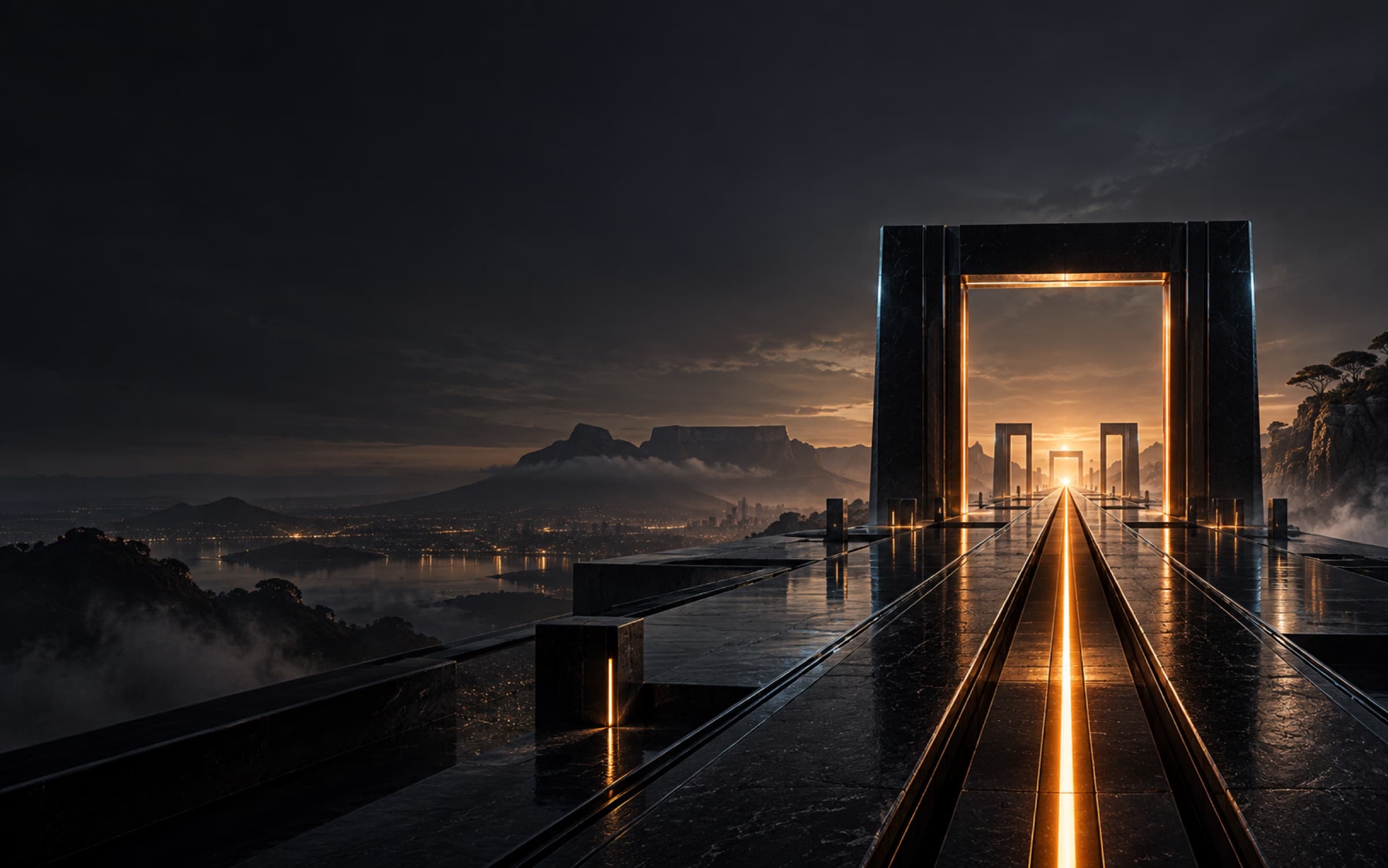 A luminous verification rail passing through architectural gateways toward the horizon